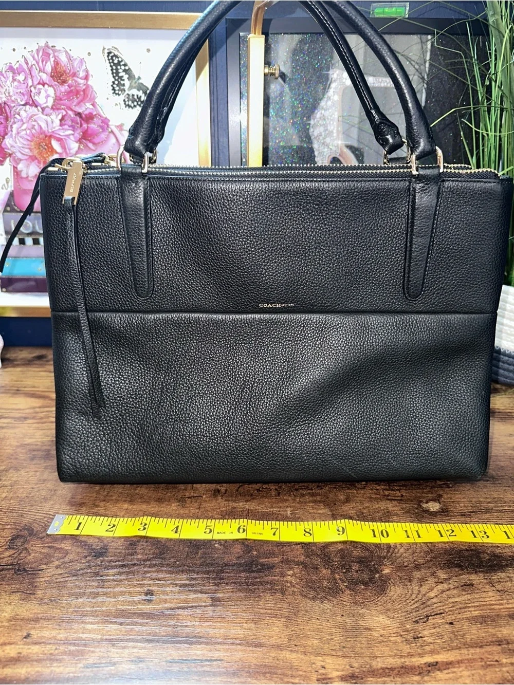 2014 Coach Borough Bag featuring gold-tone hardware and signature zipper pulls.